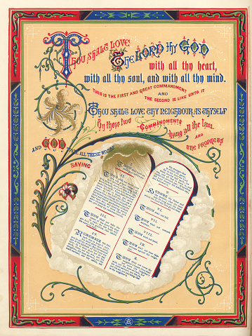 Engraved illustration of Thou Shalt Love the Lord Thy God and The Ten Commandments from The Popular Pictorial Bible, Containing the Old and New Testaments, Published in 1862. Copyright has expired on this artwork. Digitally restored.