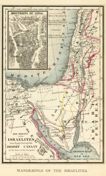 illustrazioni stock, clip art, cartoni animati e icone di tendenza di incisione antica: wanderings of the israelites map engraving - canaan valley