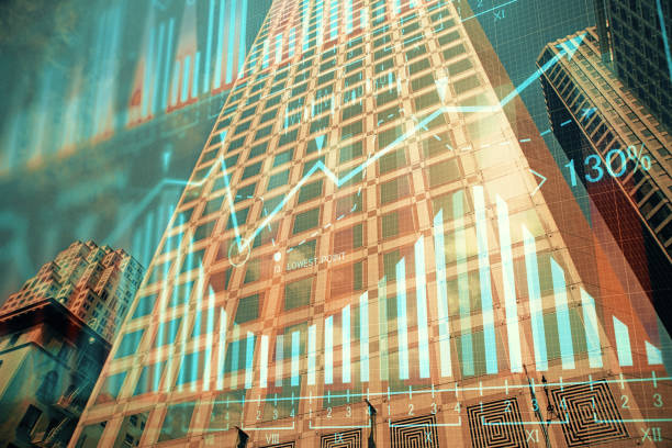 istock Forex chart on cityscape with tall buildings background multi exposure. Financial research concept. 1300193011