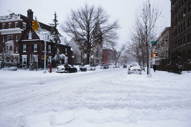 scena zimowa z ośnieżonymi samochodami zaparkowanych wzdłuż ulic w brooklynie, ny - street snow urban scene residential district zdjęcia i obrazy z banku zdjęć