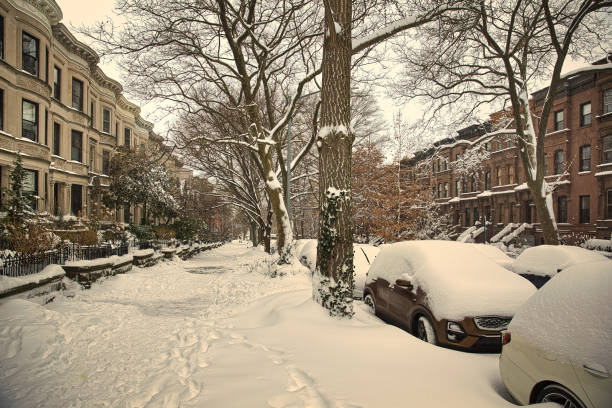 scena zimowa z ośnieżonymi samochodami zaparkowanych wzdłuż ulic w brooklynie w nowym jorku. brownstones w sezonie zimowym - street snow urban scene residential district zdjęcia i obrazy z banku zdjęć