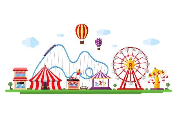 Vector illustration of Amusement park with circus carousels roller coaster and attractions. Fun fair and carnival theme landscape. Ferris wheel and merry-go-round festival vector illustration