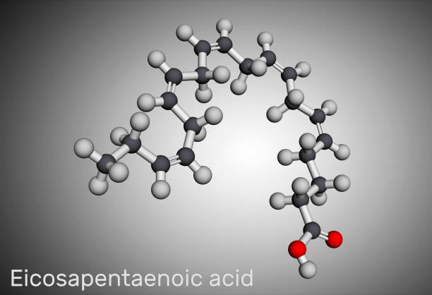 Eicosapentaenoic acid, EPA, icosapentaenoic acid, icosapent molecule. It is an omega-3 polyunsaturated long-chain fatty acid. Molecular model. 3D rendering Eicosapentaenoic acid, EPA, icosapentaenoic acid, icosapent molecule. It is an omega-3 polyunsaturated long-chain fatty acid. Molecular model. 3D rendering. 3D illustration eicosapentaenoic acid stock pictures, royalty-free photos & images