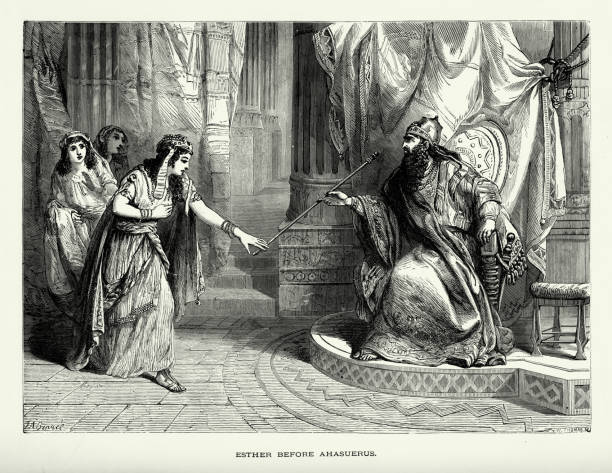 Antique Engraving: Esther Before Ahasuerus Biblical Engraving Rare and beautifully executed Engraved illustration of Esther Before Ahasuerus Biblical Engraving from The Popular Pictorial Bible, Containing the Old and New Testaments, Published in 1862. Copyright has expired on this artwork. Digitally restored. esther bible stock illustrations