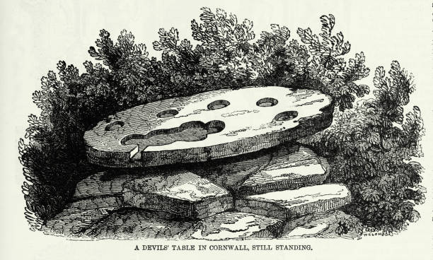 ilustraciones, imágenes clip art, dibujos animados e iconos de stock de grabado antiguo: mesa del diablo en cornualles, inglaterra grabado - devils marbles