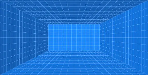 Vector illustration of Perspective 3D Grid Room. Screen Graph Paper Sheet. Texture Template. Vector illustration