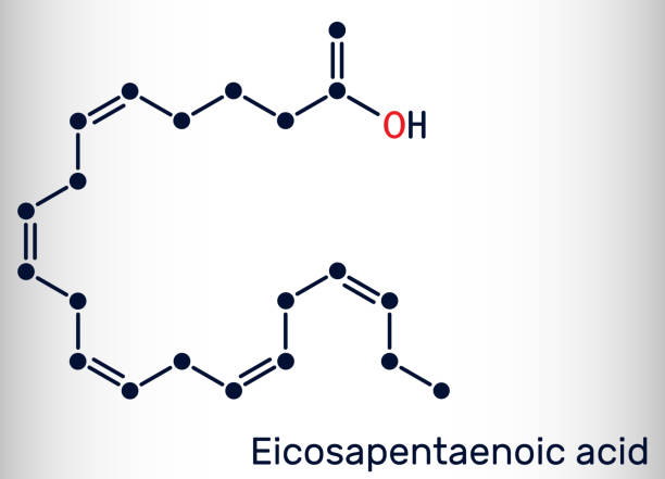 Eicosapentaenoic acid, EPA, icosapentaenoic acid, icosapent molecule. It is an omega-3 polyunsaturated long-chain fatty acid. Skeletal chemical formula Eicosapentaenoic acid, EPA, icosapentaenoic acid, icosapent molecule. It is an omega-3 polyunsaturated long-chain fatty acid. Skeletal chemical formula. Vector illustration eicosapentaenoic acid stock illustrations