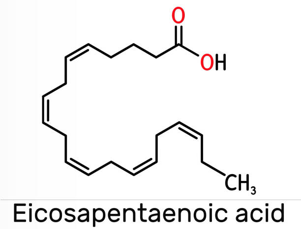 Eicosapentaenoic acid, EPA, icosapentaenoic acid, icosapent molecule. It is an omega-3 polyunsaturated long-chain fatty acid. Skeletal chemical formula Eicosapentaenoic acid, EPA, icosapentaenoic acid, icosapent molecule. It is an omega-3 polyunsaturated long-chain fatty acid. Skeletal chemical formula. Illustration eicosapentaenoic acid stock illustrations