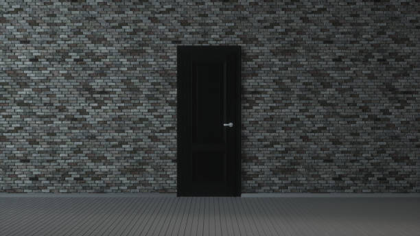 istock Grey brick wall, black door and wooden floor, abstract empty interior background. 3d illustration 1300195875