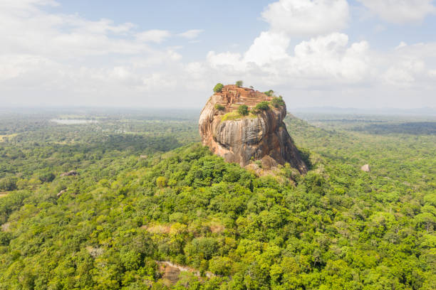 vista drone della roccia di sigiriya alla luce del giorno, sri lanka - buddhism sigiriya old famous place foto e immagini stock