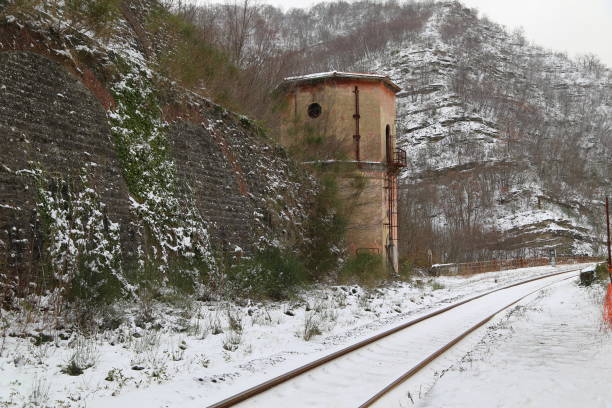 Abandoned railway station in winter time