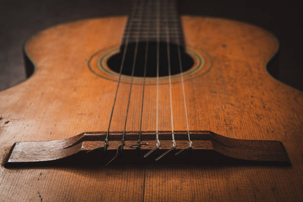 Close up on classic guitar bridge focus on foreground