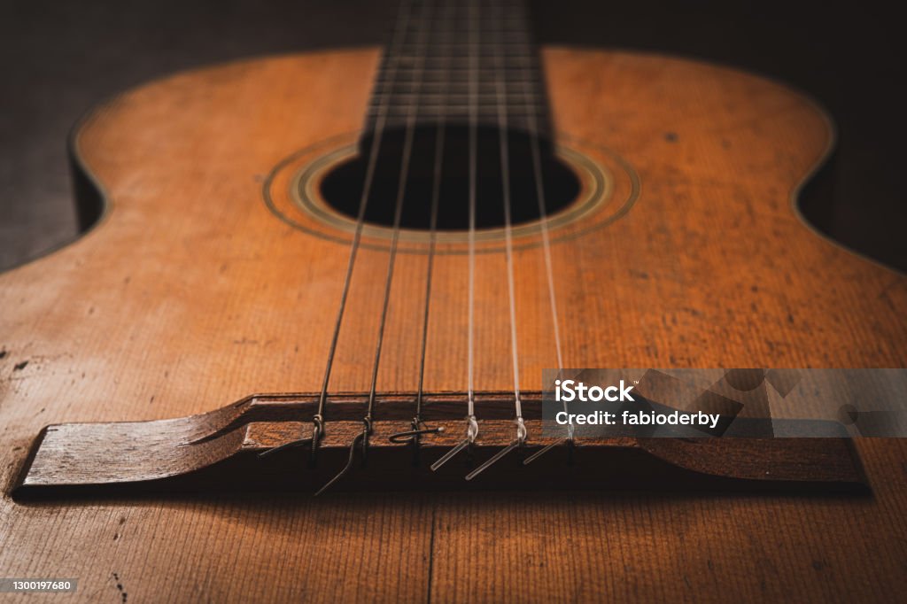 Close up on classic guitar bridge focus on foreground Music background string instrument close up on classic guitar bridge focus on foreground no people Guitar Stock Photo