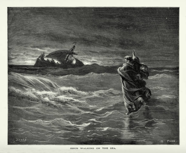 ilustrações, clipart, desenhos animados e ícones de gravura antiga: jesus caminhando sobre a gravura bíblica da água - andando em água