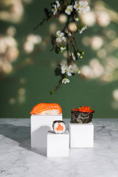 Artisanal Sushi Maki Nigiri with Spring Cherry Blossoms