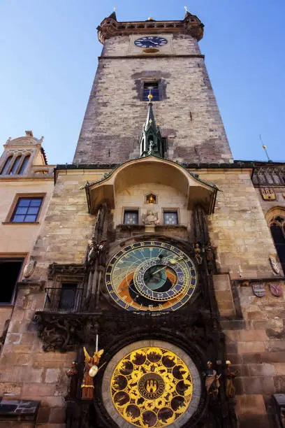 Prague Astronomical Clock, medieval astronomical clock, on the southern wall of Old Town City Hall in the Old Town Square, Prague, Czech Republic