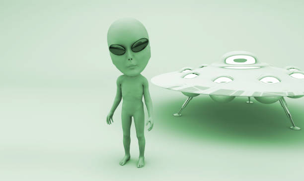 istock Green Alien and Ufo on The Ground 1300199050