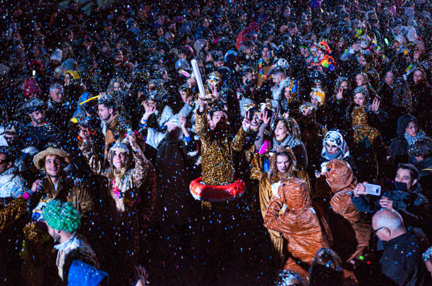 grupo de amigos curtindo o carnaval vestidos de leões e tigres. - unrecognizable person human face large group of people crowd - fotografias e filmes do acervo