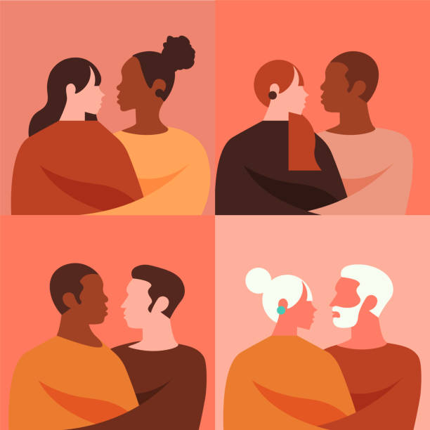 ethnic and sexual diversity of couples together giving each other a hug. vector art illustration