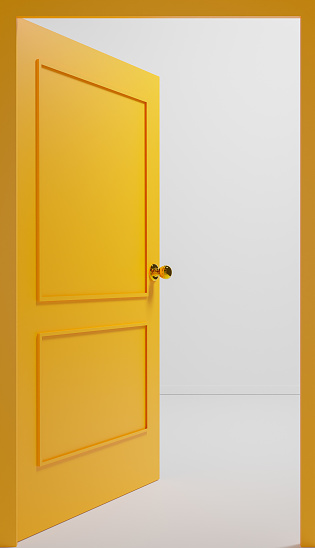 closed shot of an open yellow door overlooking a blank room. 3d illustration
