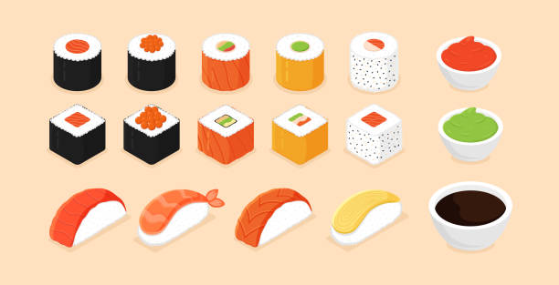 illustrazioni stock, clip art, cartoni animati e icone di tendenza di set di sushi. icone di sushi isometriche su sfondo bianco. involtini con caviale di pesce rosso, con salmone. sushi nigiri con gamberi. cibo tradizionale giapponese. illustrazione vettoriale. - sushi