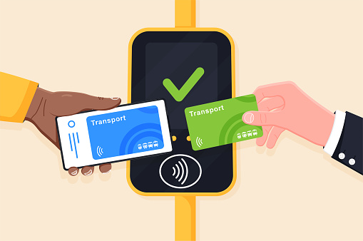 Hand holding transport card and phone near terminal. Airport, metro or bus and subway ticket terminal validator. Wireless, contactless or cashless payments, RFID NFC. Vector illustration.