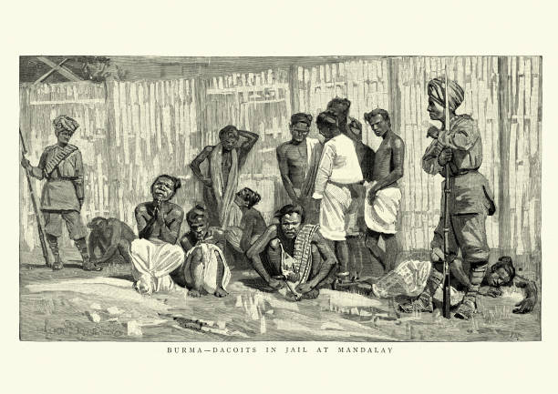 Vintage illustration of Dacoits, Robbers, in jail at Mandalay, Burma, 19th Century