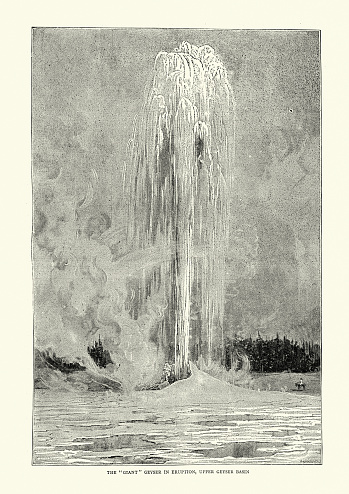 Vintage illustration of Giant geyser eruption, Upper geyser basin, Yellowstone, 19th Century