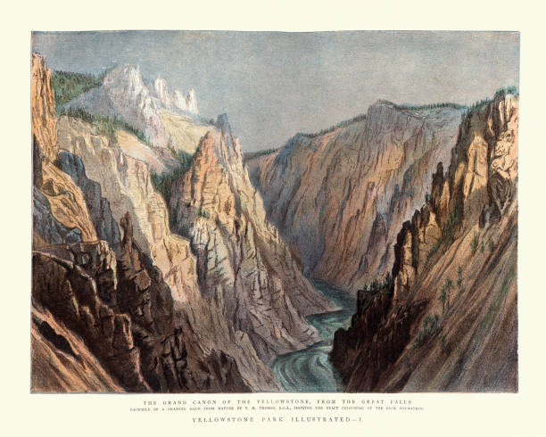 Grand Canyon of the Yellowstone, From the Great falls, 19th Century Vintage illustration of Grand Canyon of the Yellowstone, From the Great falls, 19th Century pictures of valleys stock illustrations