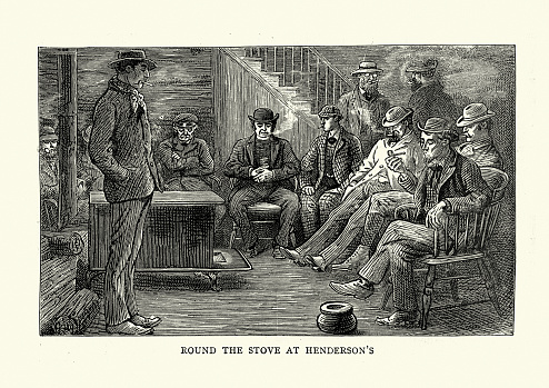 Vintage illustration of Guests round the stove at Henderson's Hotel, Fire Hole Basin, Yellowstone Park, 19th Century