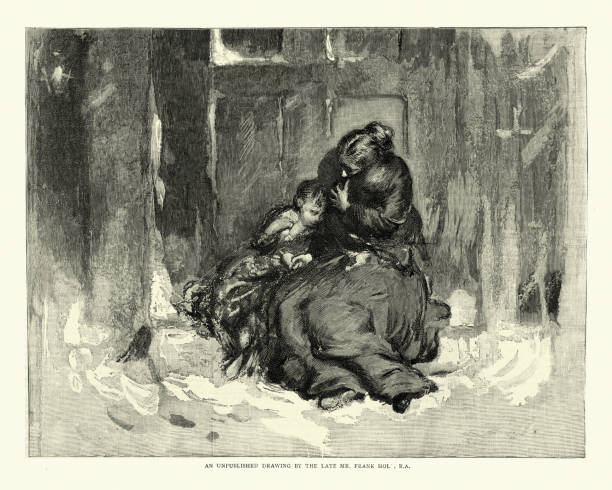 ilustrações, clipart, desenhos animados e ícones de mãe e filho sem-teto nas ruas de londres vitoriana, século xix - women century 19th victorian style