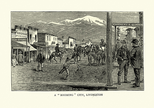 Vintage illustration of Street view in Livingston, Montana, American Wild West town, 19th Century