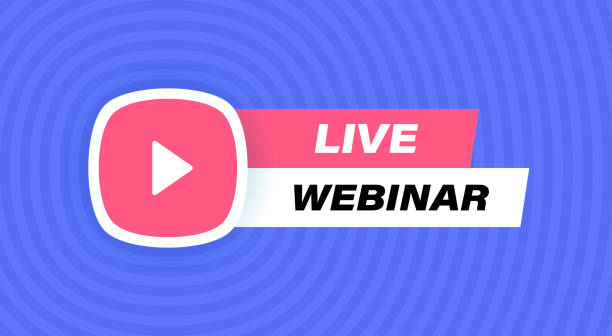 istock Live webinar badge design with play button isolated on geometric background in blue colors. Modern flat style vector illustration 1300207838