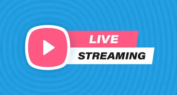 Vector illustration of Live streaming badge design with play button isolated on geometric background in blue colors. Modern flat style vector illustration