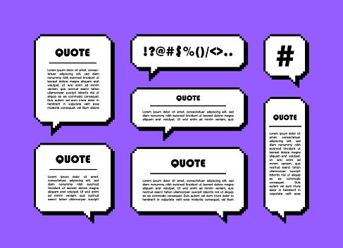 Set different shape pixel speech bubble. Geometric texting dialogue boxes. Colored quote box speech bubble. Modern vector illustration.