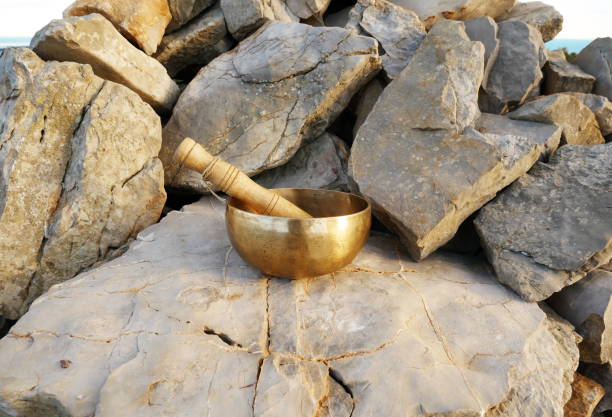 istock Singing bowl set on large pebbles in nature 1300208483