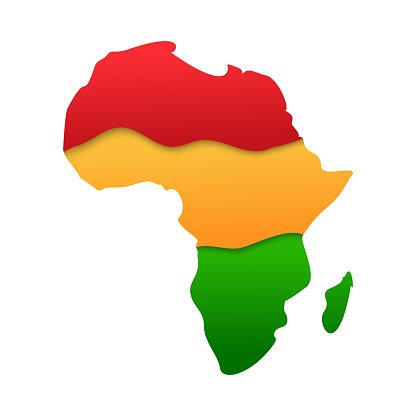African map continent silhouette icon in paper cut style with african colours - red, yellow, green isolated on white background. Black History Month symbol, vector 3d illustration.