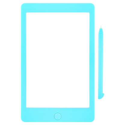 Blue drawing tablet and stylus isolated on a white background. A tablet with a touch-sensitive white blank screen, mockup.