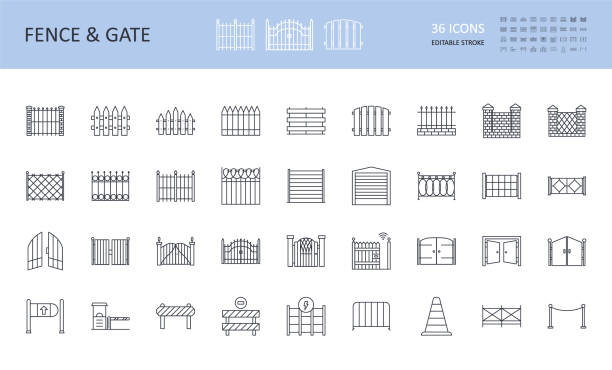 ilustrações, clipart, desenhos animados e ícones de vetores e ícones do portão, placas de trânsito. golpe editável. cercas de arame de tijolo de perfil de metal de madeira. wickets abertos e fechados, controle remoto. sinais de segurança, reparo e construção, sinal de pare, eletricidade - cerca