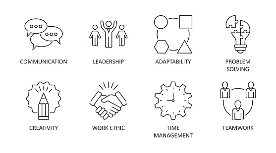 Vector soft skills icons. Editable stroke. Interpersonal attributes symbols succeed in workplace. Communication teamwork adaptability problem solving creativity work ethic time management leadership.