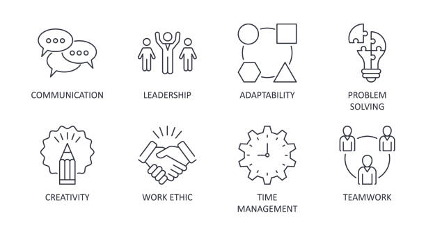 Vector soft skills icons. Editable stroke. Interpersonal attributes symbols succeed in workplace. Communication teamwork adaptability problem solving creativity work ethic time management leadership Vector soft skills icons. Editable stroke. Interpersonal attributes symbols succeed in workplace. Communication teamwork adaptability problem solving creativity work ethic time management leadership. softness illustrations stock illustrations
