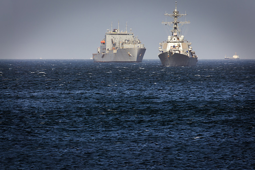 Two US Navy ships anchored in Tokyo Bay off the coast of Yokosuka, Japan.