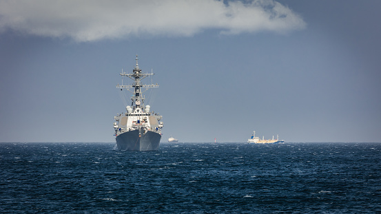 A US Navy destroyer anchored in Tokyo Bay off the coast of Yokosuka, Japan.