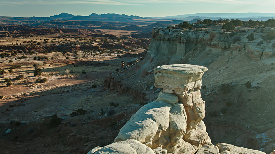 Drone shot of the dramatic landscape and rock formations in the San Rafael Swell, Utah, close to the Sand Bench View Area.
