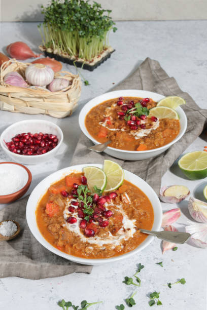 istock Vegan Moroccan Lentil Soup served in bowls with pomegranate 1300213121