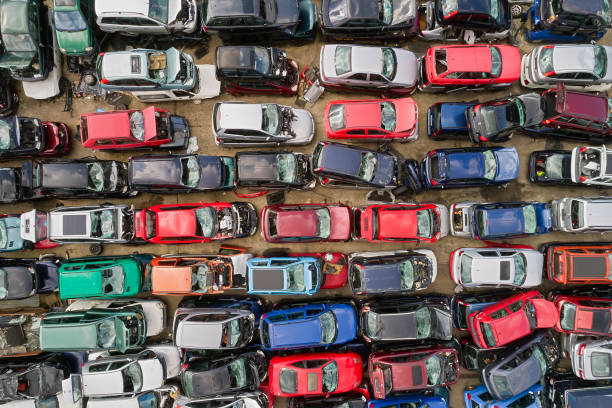 istock Crushed Cars in Scrapyard, Aerial View 1300215084