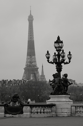 Statues on a bridge in front of the Eiffel tower in Paris France on a cloudy day