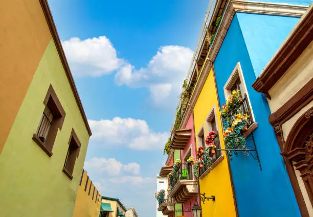 Mexico, Monterrey, colorful historic buildings in the center of the old city, Barrio Antiguo, a famous tourist attraction.