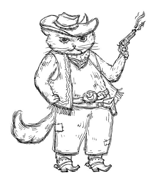 istock Cat cowboy holding a revolver and dressed in a hat, waistcoat, boots with spurs. 1300221192