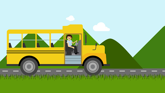 Bus Driver Flat Vector Illustration mountains landscape